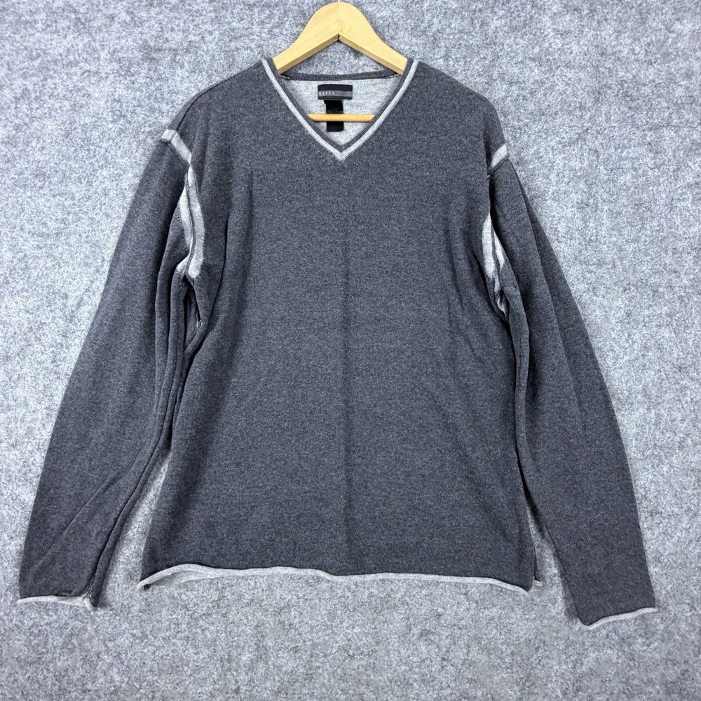 Vintage Guess Sweater Large Mens Charcoal Gray Cotton Tight Knit V-Neck Pullover